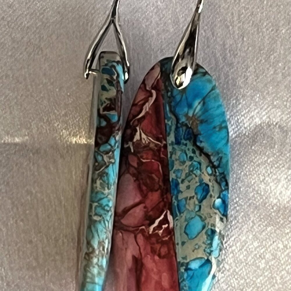 Natural Pink & Blue Imperial Jasper Teardrop Earrings - Picture 4 of 5
